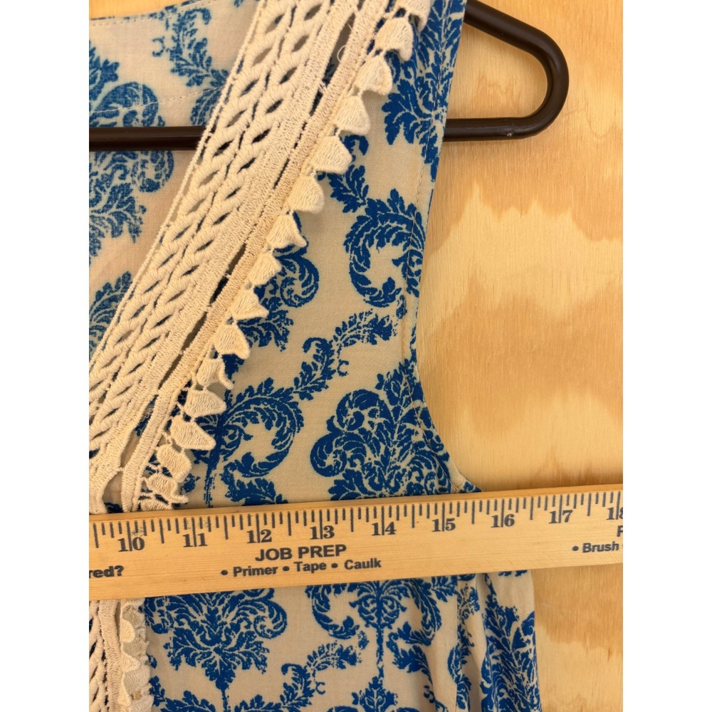 THML Blue Damask Print Crochet Trim‎ Sleeveless Babydoll Peplum Top Small boho - Picture 2 of 5